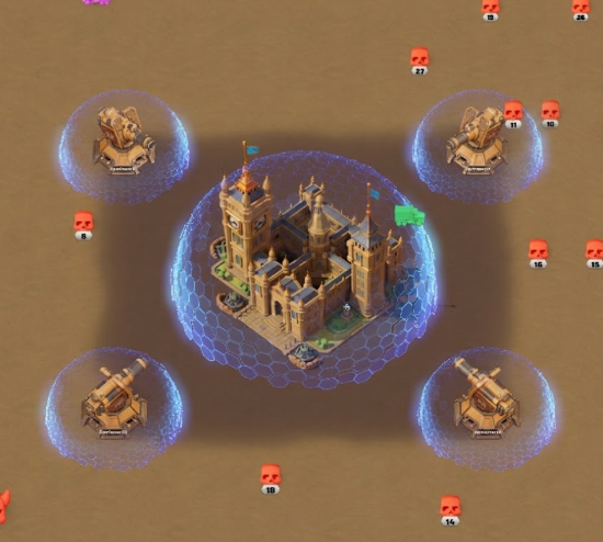 Top-down view of the Season 1 City of Apocalypse warzone capitol with shields and defensive turrets in Last War: Survival